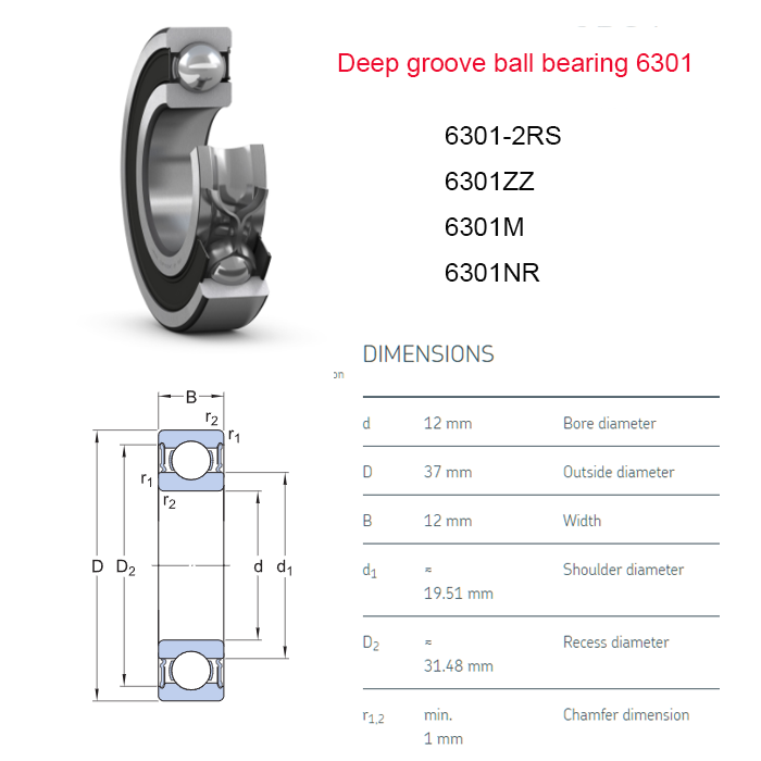 ball bearing 6301 size chart