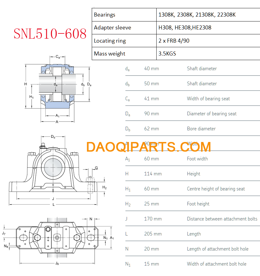 pillow  block bearing SNL510 size chart