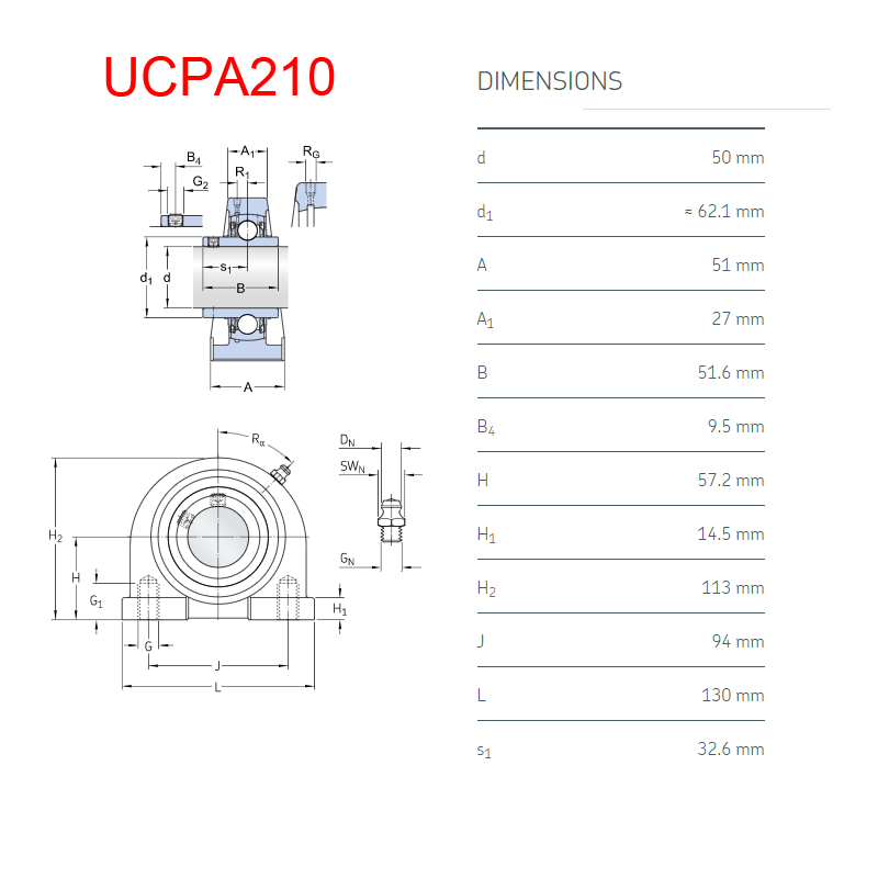 bolt bearing UCPA210 size chart